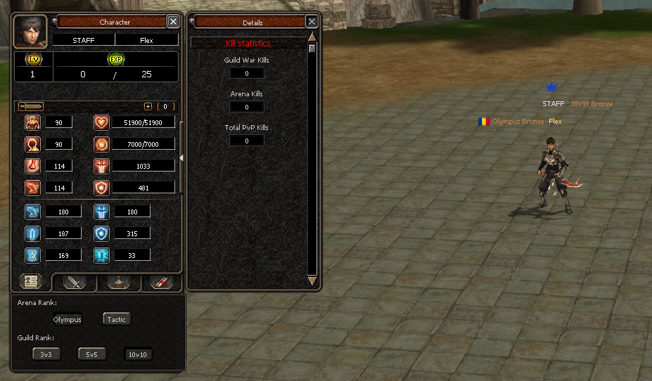 Character window with stats, PvP kills, and rank display