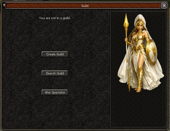 Guild window with create, search, and war spectator options