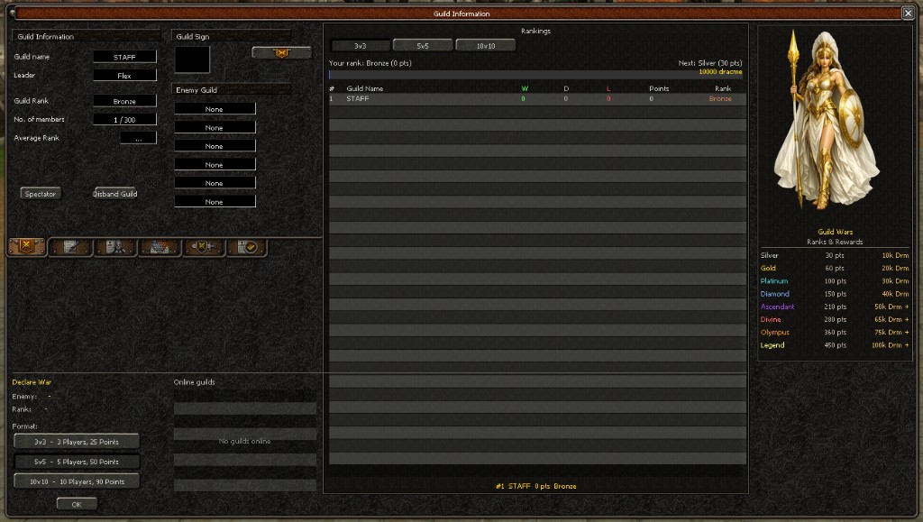 Guild Information panel with war declaration, rankings, and rewards