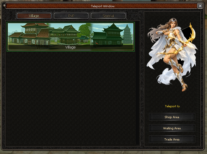 Nexus teleport window with village, PvP, and special zones